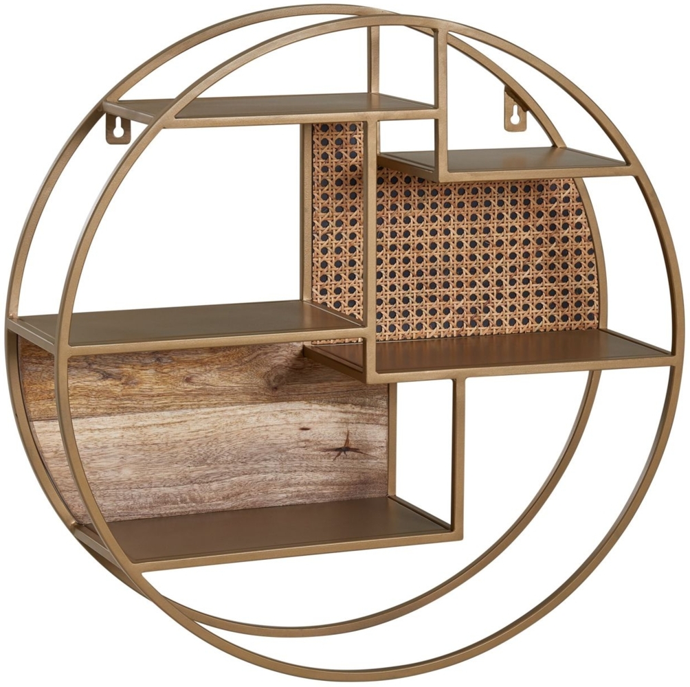 Wandregal, Rattan, 62 x 62 x 17 cm, Hängeregal aus Massivholz & Metall, Industrial-Stil, rundes Schweberegal mit Wiener Geflecht Bild 1