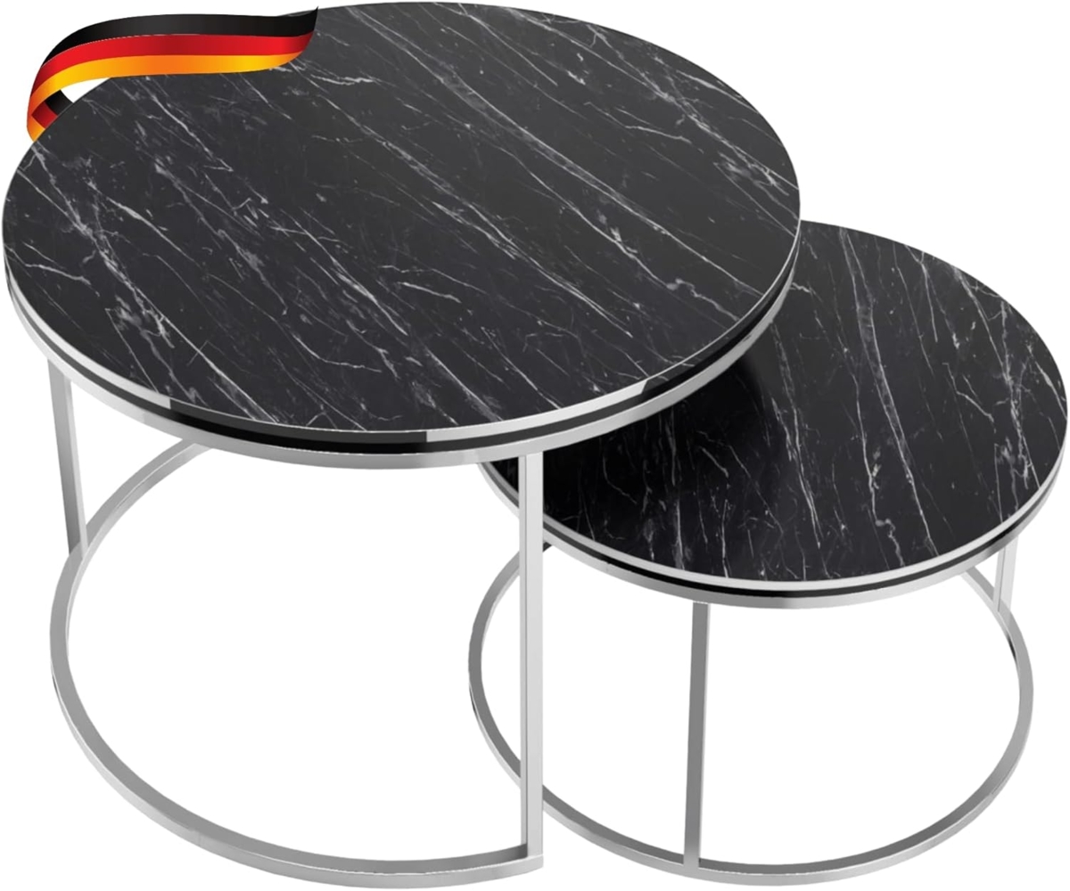 DELUKE® 2er Set Couchtisch MARMOR - Beistelltisch rund Satztisch Marmoroptik Sofatisch rund Laptoptisch Kaffeetisch Tisch für Couch Abstelltisch klein Schwarz/Silber Bild 1