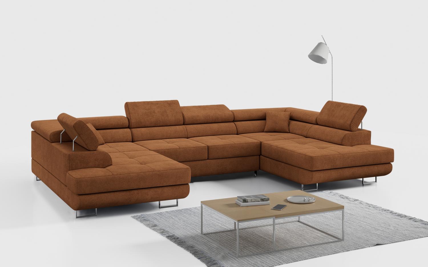 Ecksofa, Wohnzimmer U Couch, Polstersofa mit Bettkasten - GUSTAW-U - Orange Struktur Bild 1