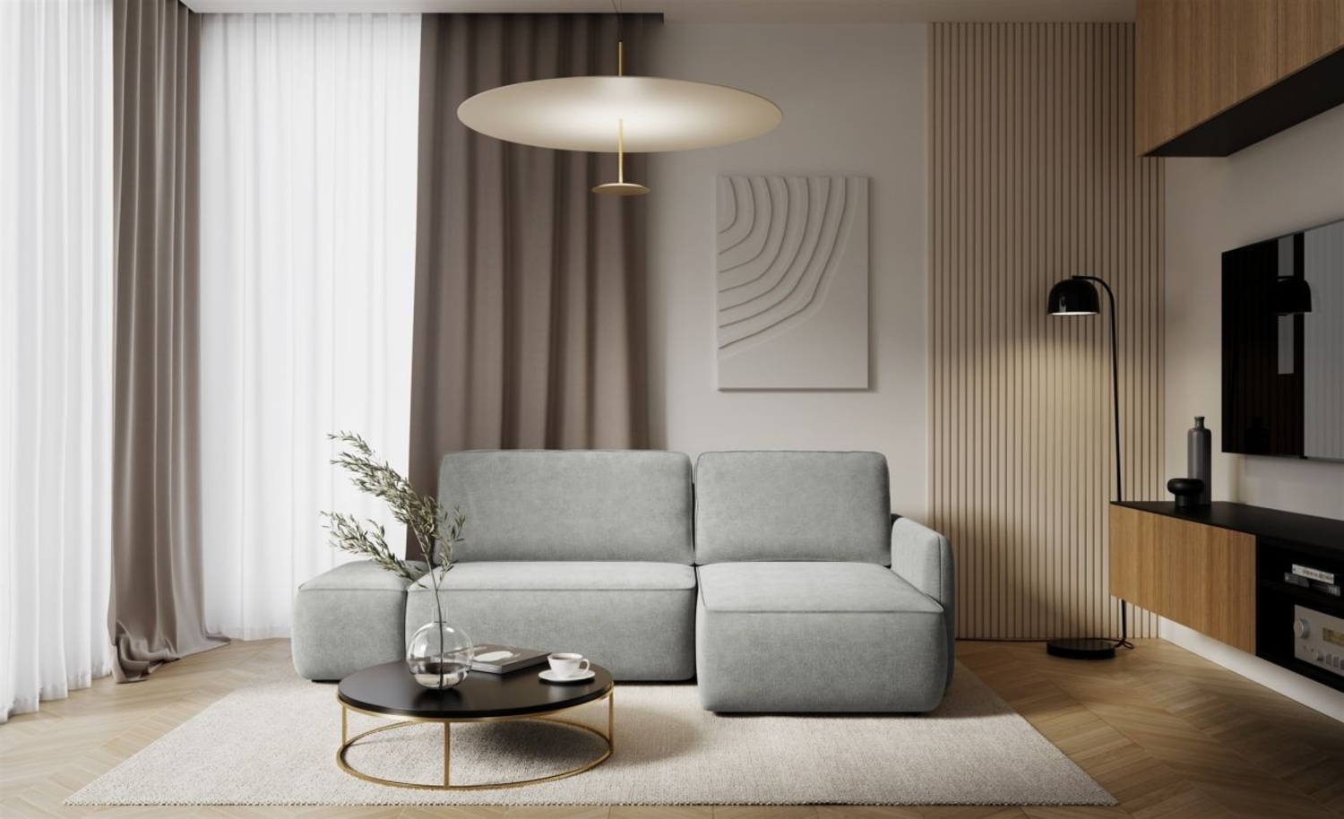 Ecksofa mit Schlaffunktion Sofa LUKA in Stoff Cremona Hellgrau Ottomane Rechts Bild 1