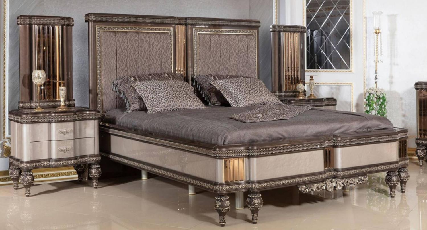 Casa Padrino Luxus Barock Schlafzimmer Set Grau / Dunkelbraun / Gold - 1 Barock Doppelbett mit Kopfteil & 2 Barock Nachtkommoden - Luxus Schlafzimmer Möbel im Barockstil - Barock Interior Bild 1