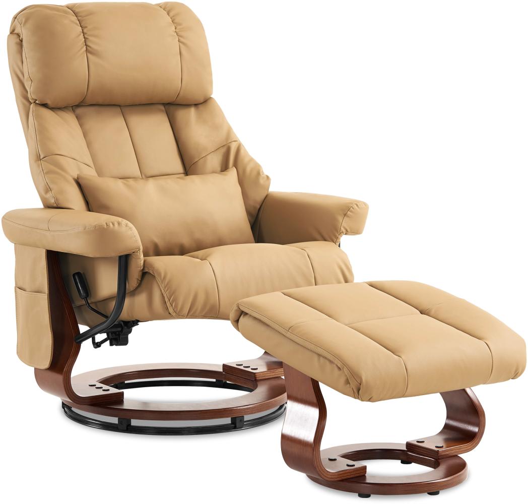 M MCombo Massagesessel mit Hocker, 360° drehbarer Relaxsessel mit Liegefunktion, moderner TV-Sessel Fernsehsessel mit Seitentasche für Wohnzimmer, Kunstleder, 9068 (Gelbbeige) Bild 1