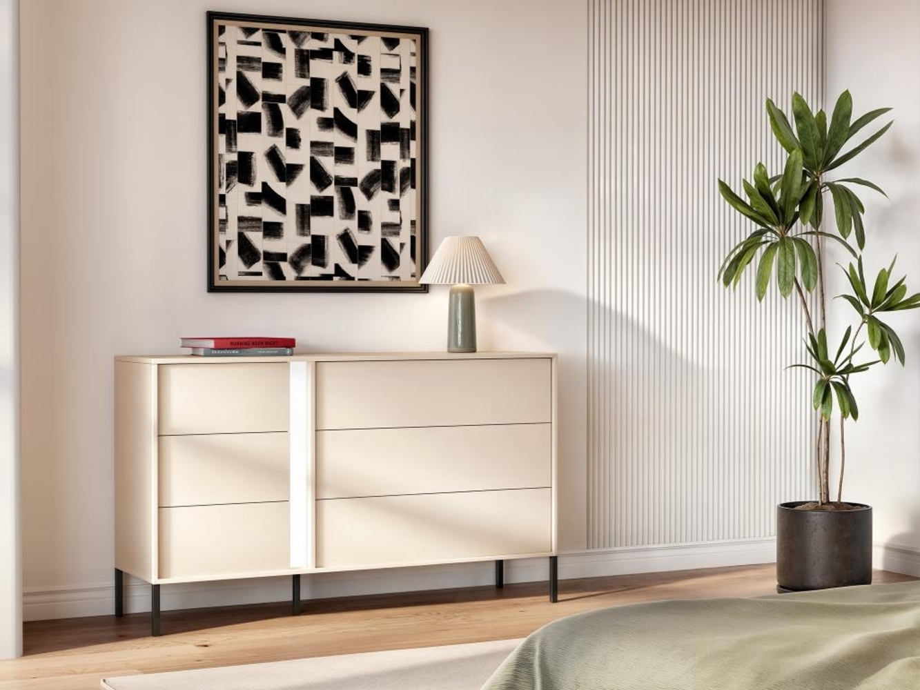 Vente-unique - Kommode mit 6 Schubladen - Mit LED-Beleuchtung - Beige - ELYNIA Bild 1