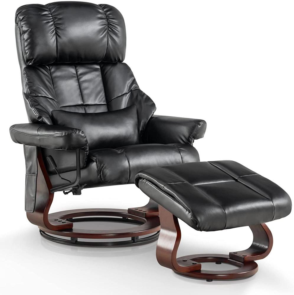 M MCombo Massagesessel mit Hocker, 360° drehbarer Relaxsessel mit Liegefunktion, moderner TV-Sessel Fernsehsessel mit Seitentasche für Wohnzimmer, Kunstleder, 9068 (Schwarz) Bild 1