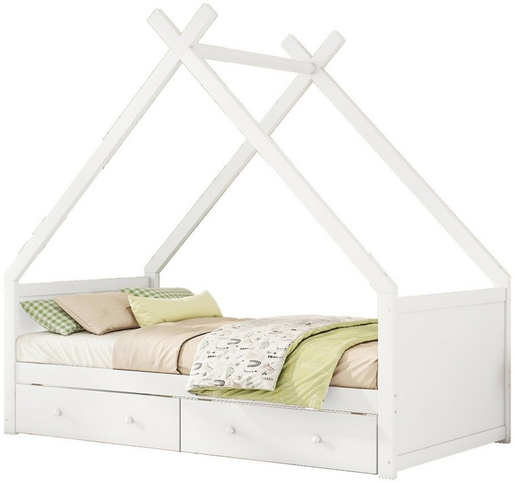 Flieks Massivholzbett, Kinderbett Hausbett Einzelbett 90x200cm mit 2 Schubladen Bild 1