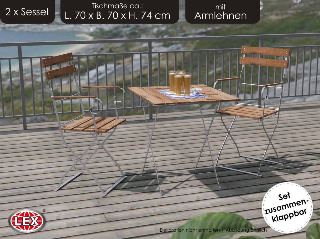 Biergarten-Set Sitzgruppe Biergartenmöbel Armlehnen Tisch 70x70cm Stuhl 3tlg. Bild 1