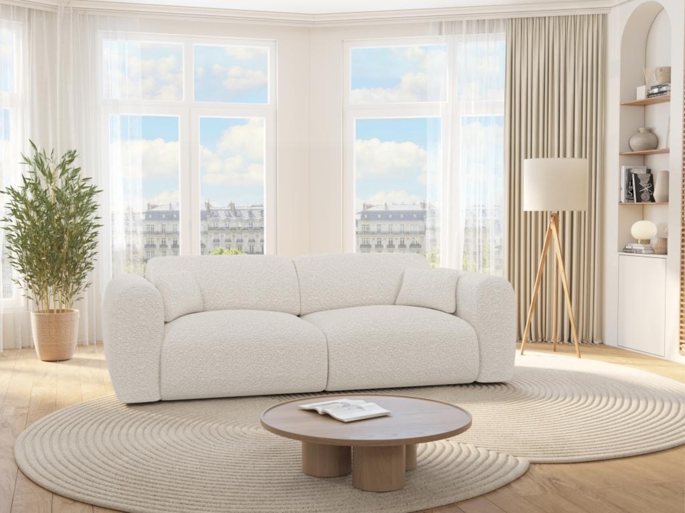 Vente-unique - Sofa mit Schlaffunktion 4-Sitzer - Bouclé-Stoff - Weiß - POGNI von Maison Céphy Bild 1
