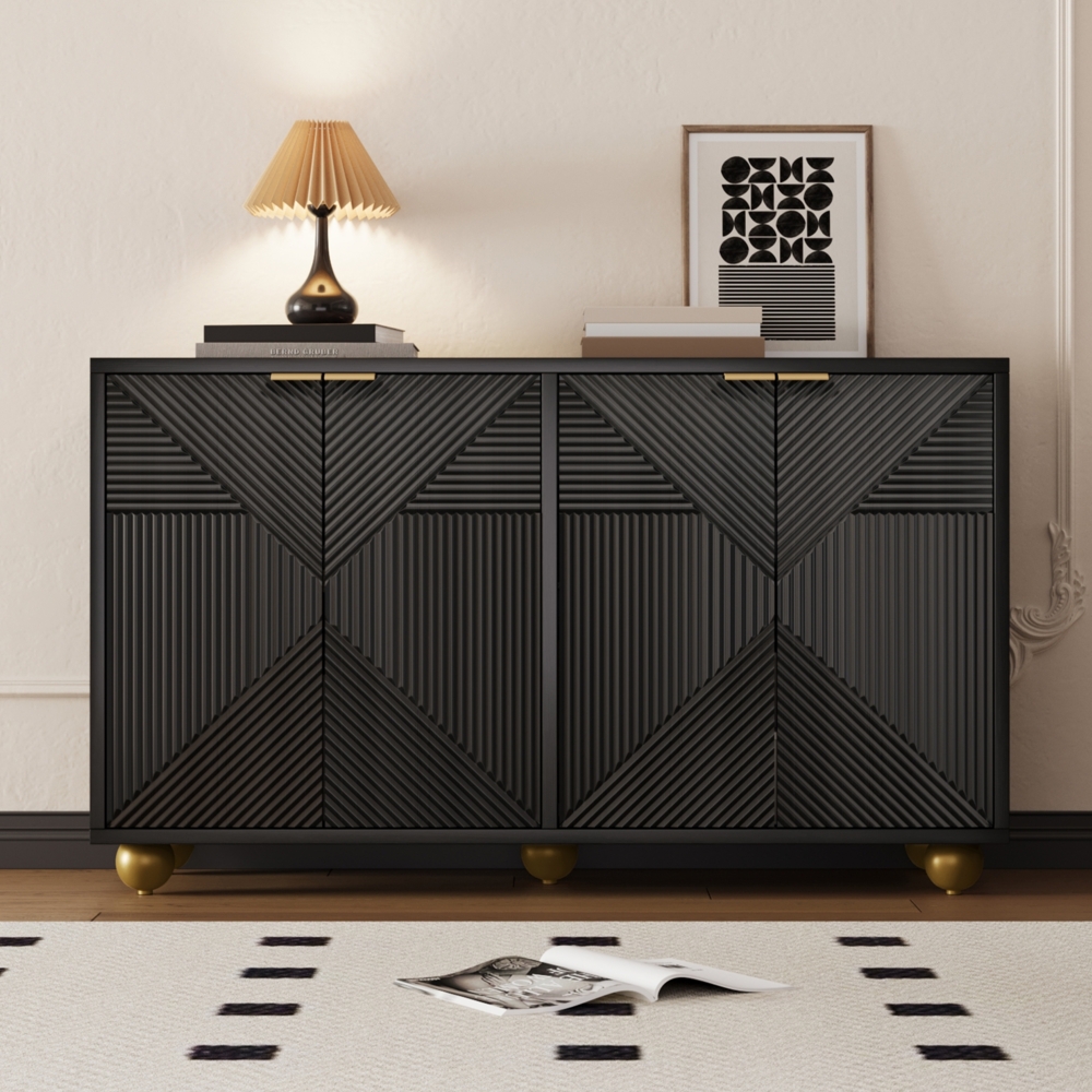Merax Sideboard mit vier geformten Türen, verstellbaren Innenböden, Metallgriffen und kugelförmigen Beinen, schwarz Bild 1