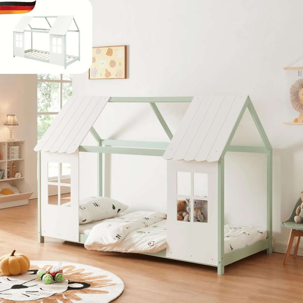 DELUKE® Kinderbett 90x200 GELO - mit Lattenrost Rausfallschutz Haus-OptikEinzelbett aus Holz Hausbett Kinderzimmer Montessori Bett Mintgrün Bild 1