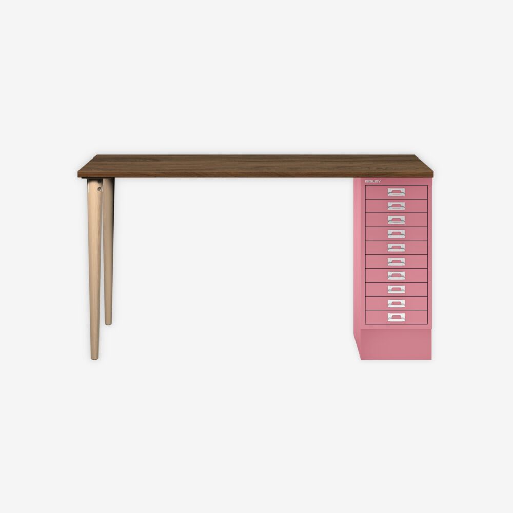 MultiDesk, 2 Eichenfüße, 1 MultiDrawer mit 10 Schüben, Dekor Nussbaum, Farbe Pink, Maße: H 740 x B 1400 x T 600 mm Bild 1