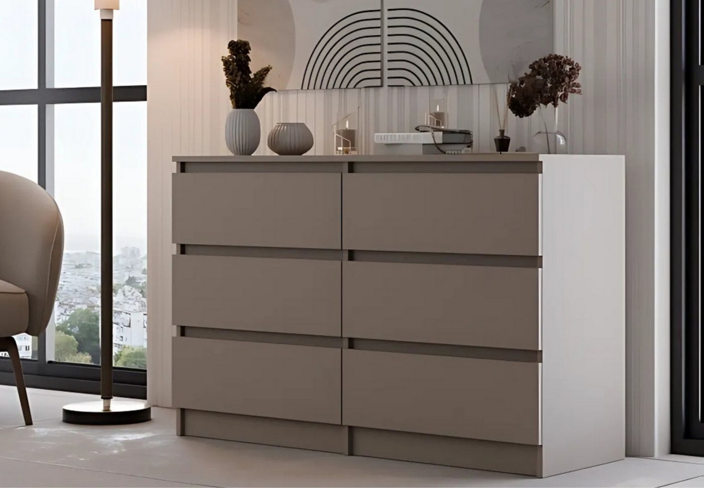 Home Collective Kommode Highboard Sideboard für Flur Schlafzimmer Wohnzimmer (Perfekt für Wohnzimmer, Schlafzimmer oder Esszimmer), mit 6 Schubladen, Breite 120 cm Höhe 75, Dunkelbeige Bild 1