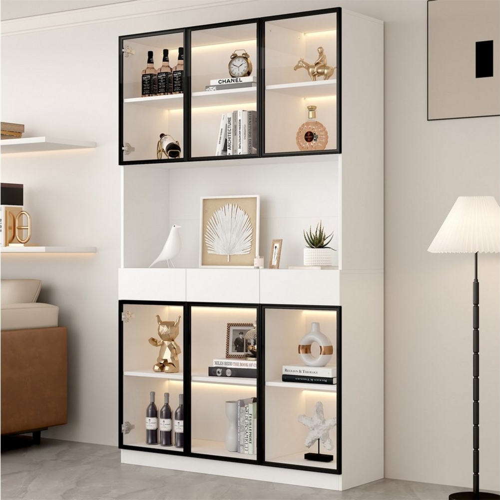 autolock Glasvitrine Glasschrank Tür 200cm hoch Vitrinenschrank mit LED Lichtern MultiStorage Bücherregal für Sammlung Schlafzimmer Wohnzimmer Büro Bild 1