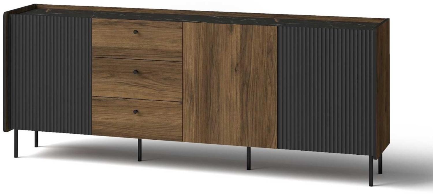 Kommode Sideboard Pereto 200x40x78cm Warmia Nussbaum schwarz matt 3-türig Bild 1