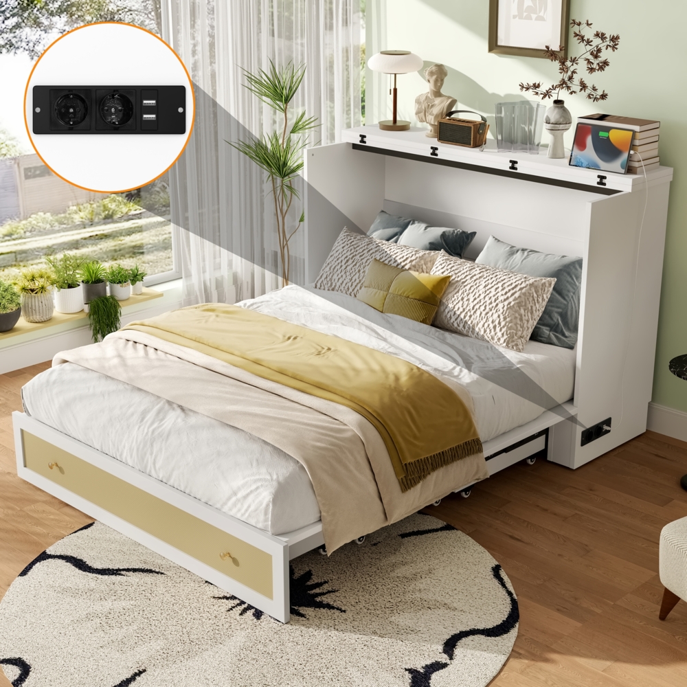Merax Doppelbett Schrankbett, 140 x 200, Mobiles Schrankbett mit Schubladen am Bettende und Regal am Kopfende des Bettes, mit USB und Steckdose, Umbaubares Plattformbett, Ohne Matratze, Weiß Bild 1