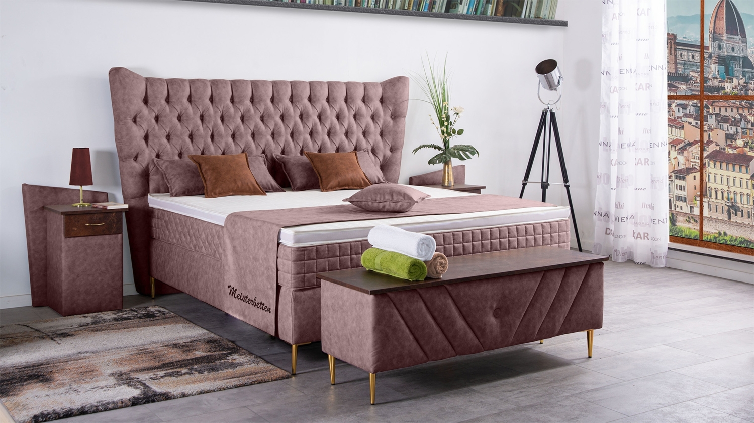Meisterbetten Boxspringbett Quin 180x200 in MS-Alt Rose, Matratzenbezug Optiflex, Ergoflex-Topper Bild 1