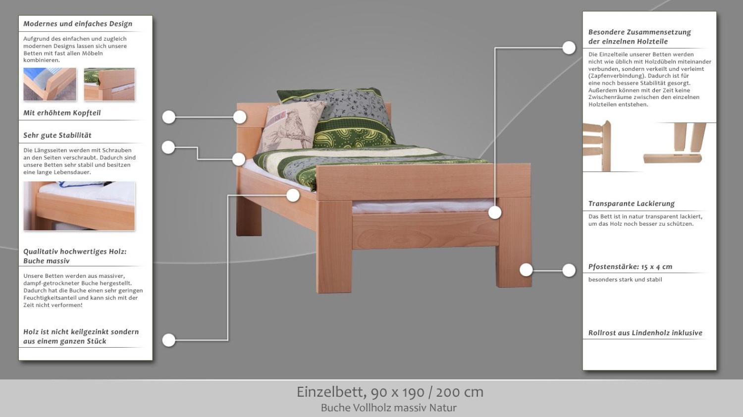 EinzelbettEasy Premium Line K2, Buche Vollholz massiv Natur - Maße: 90x190 cm Bild 1