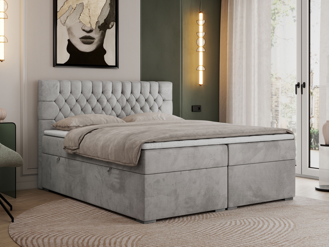 Boxspringbett mit 2 Bettkästen, Matratze und Topper - PERA - 140x200cm - Hellgrau Velours - H4 Bild 1