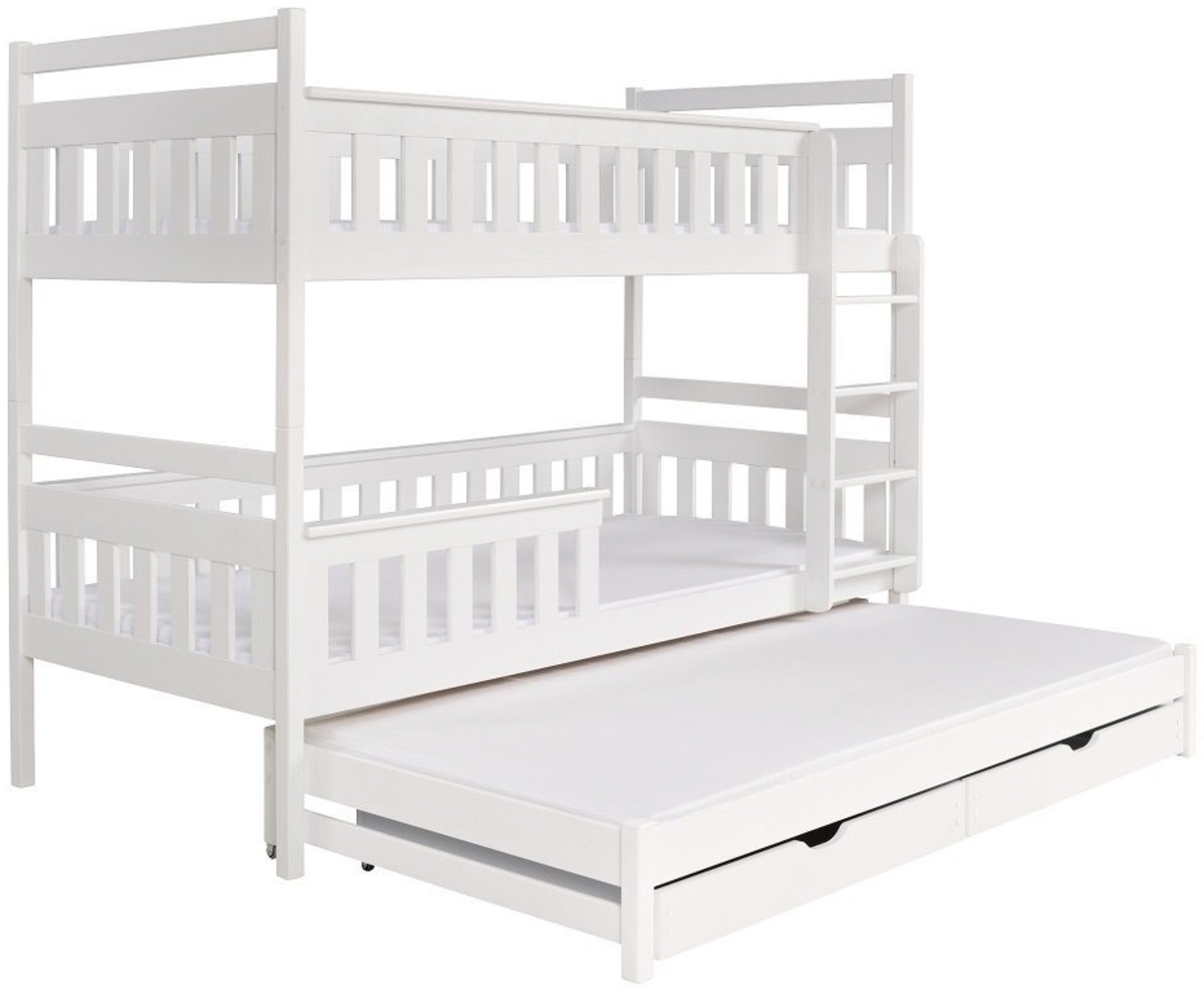 Deine Möbel 24 Etagenbett BEN für 3 Kinder 90x200 Weiß Beige ohne Matratzen / mit Matratzen (Ausziehbett, 3-St, Kinderbett mit Rausfallschutz, Lattenrost und 2 Schubladen), Hochbett Funktionsbett aus Massivholz, in 2 Kinderbetten umbaubar Bild 1