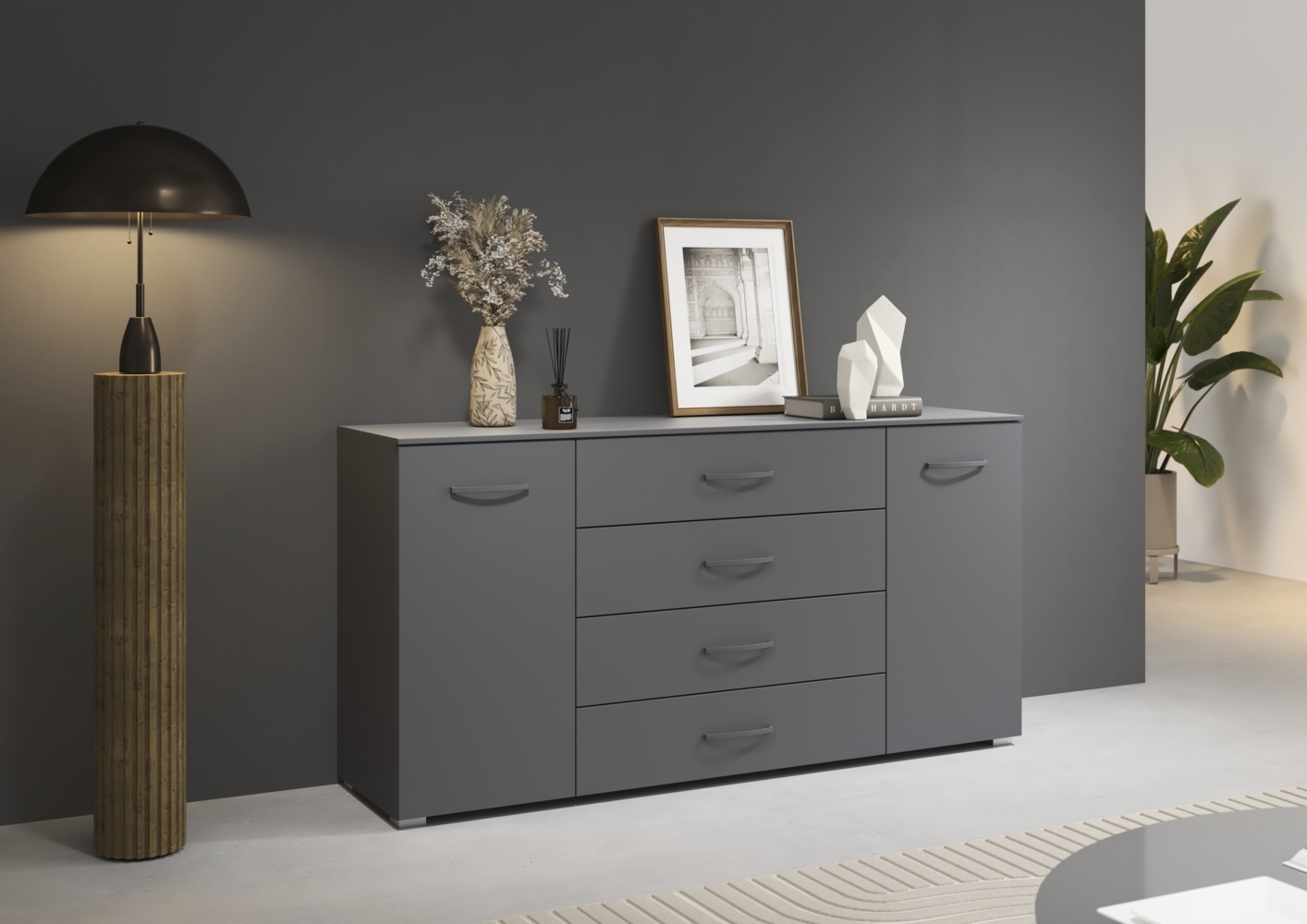 rauch Aditio Box, Kommode, 2-türig, 4 Schubladen, mit Softclose-Funktion, Farbe Grau metallic, BxHxT 160x81x43cm Bild 1