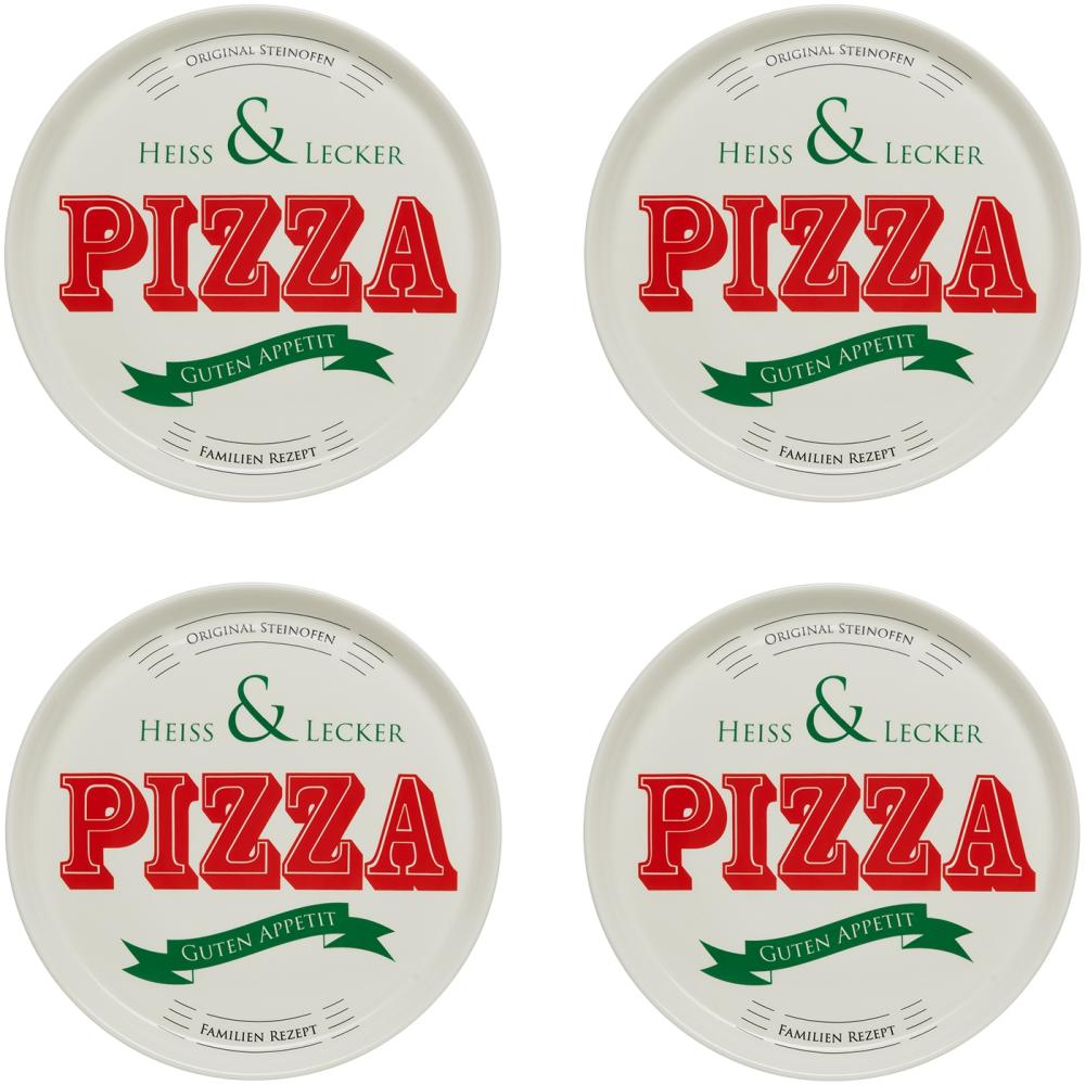 KHG 4er Set Pizzateller, extra groß mit 30cm Durchmesser in Heiss & Lecker Print, perfekt für Gastro und Zuhause, hochwertiges Porzellan, Spühlmaschinengeeignet & perfekt Stapelbar Bild 1