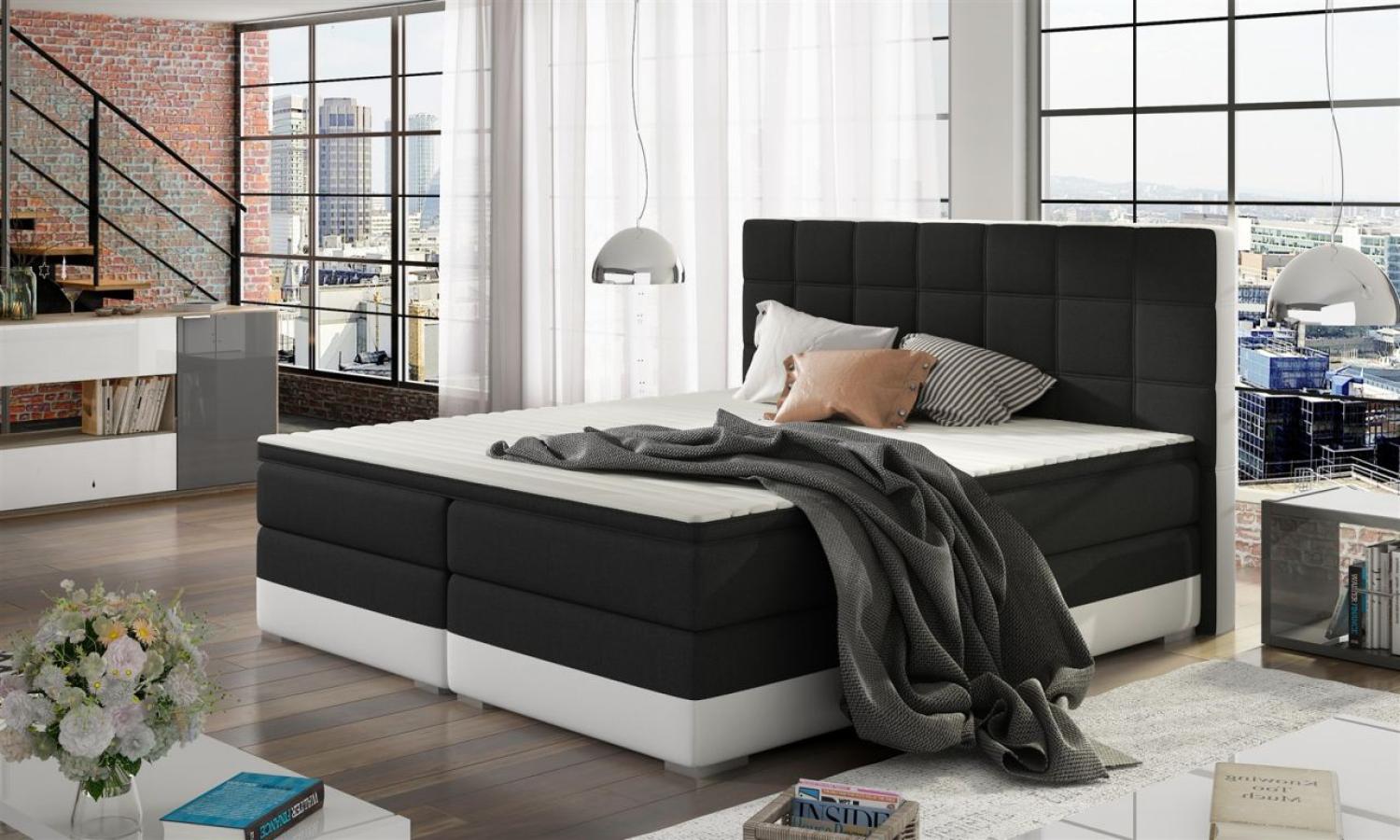 Boxspringbett PRATO Webstoff Schwarz/ Kunstleder Weiß 100x200cm Bild 1