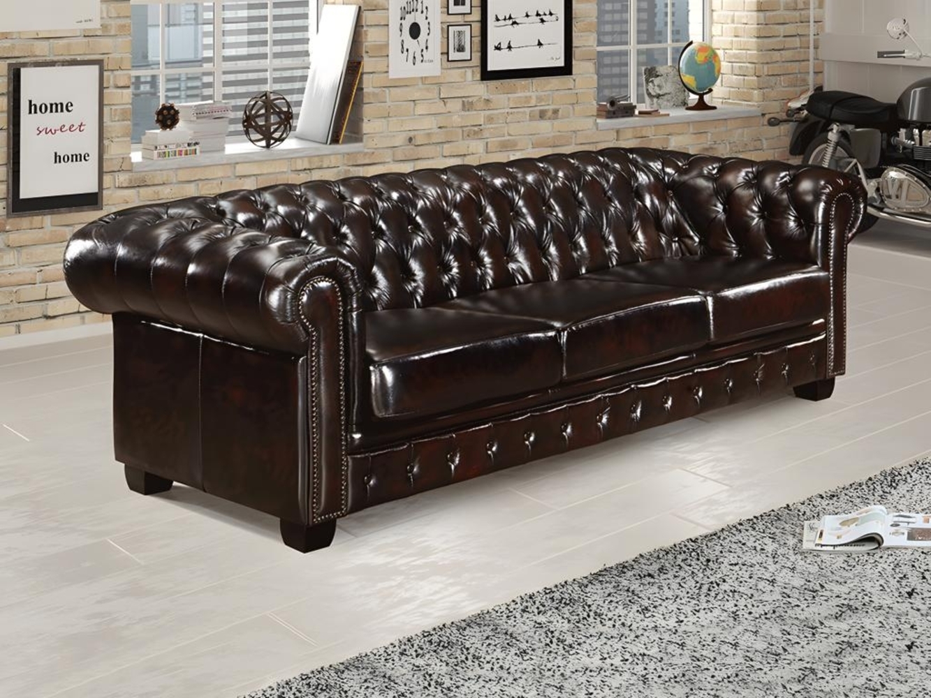 Chesterfield Ledersofa 4-Sitzer BRENTON - Büffelleder - Braun Bild 1