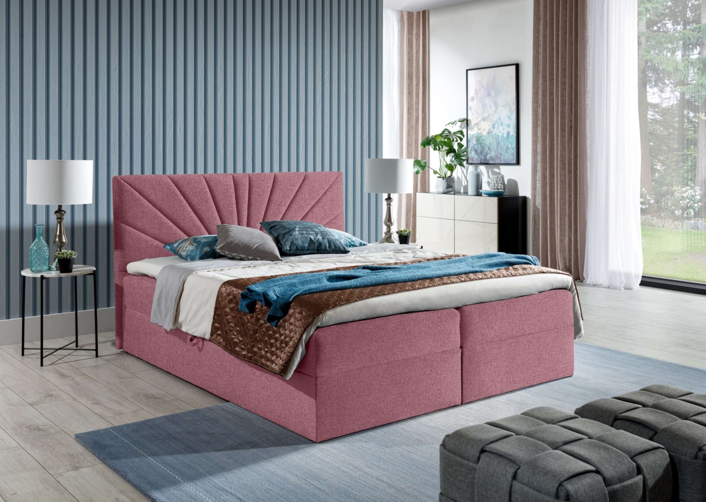 99rooms Zenturio Boxspringbett 140 x 200 cm Strukturstoff LARS Rosa Bild 1