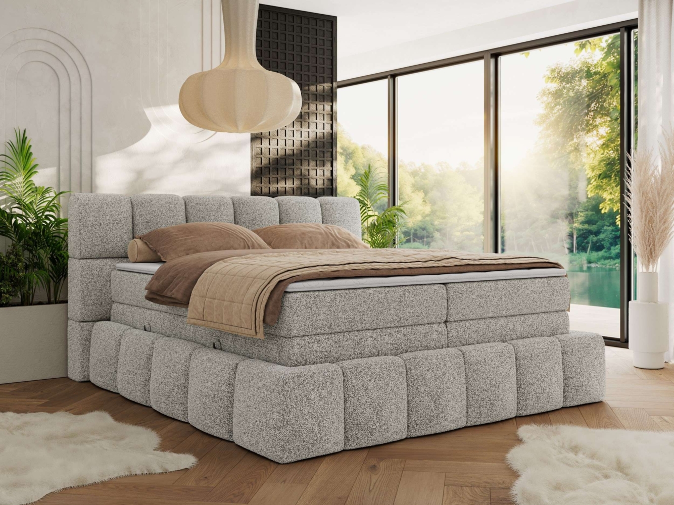 Boxspringbett NIRA KING, Doppelbett mit Fußteil, 7-Zonen Multipocket-Matratzen und Topper, Schlafzimmerbett - 160 x 200 cm - Hellgrau Struktur - H3 Bild 1