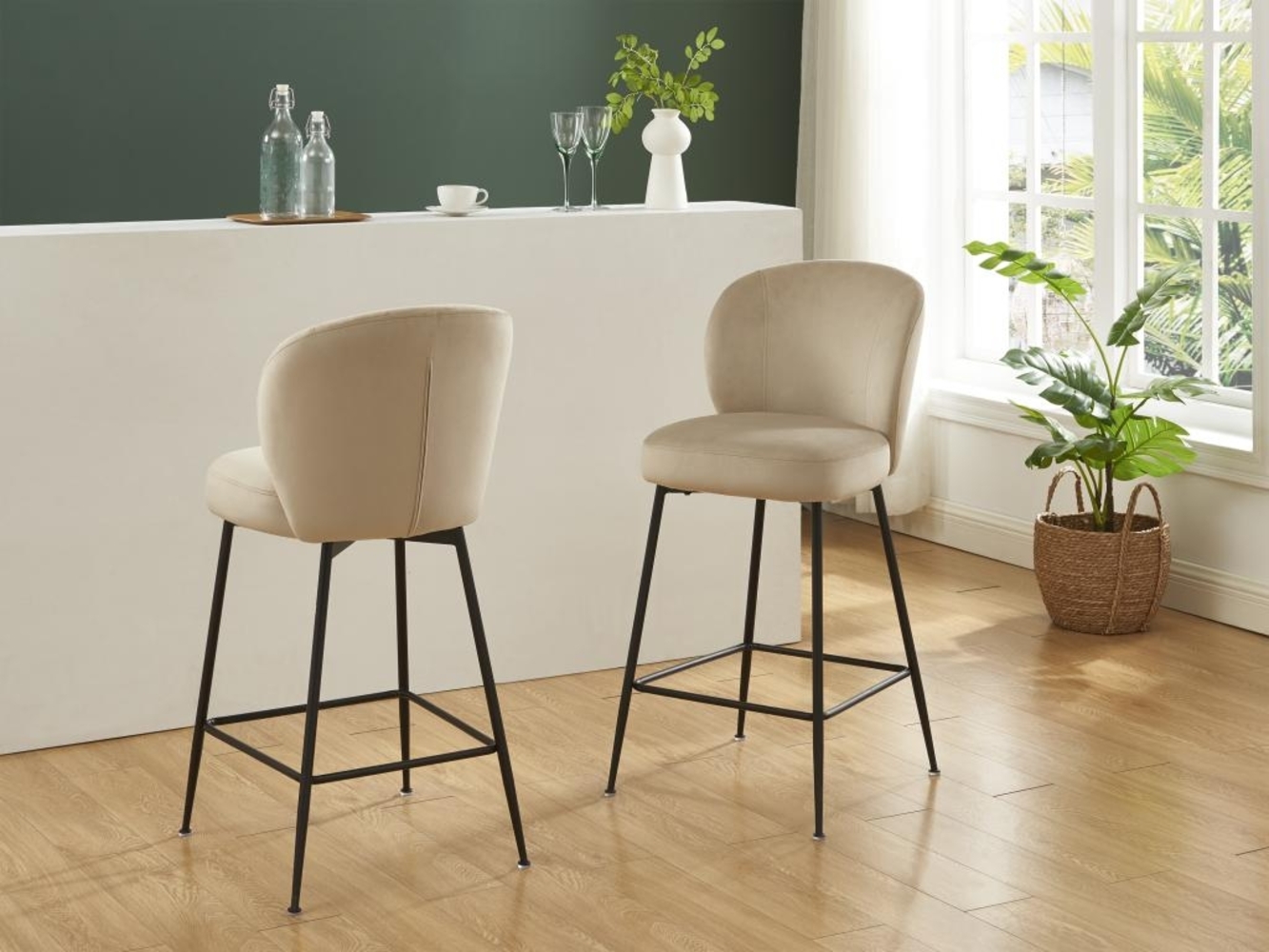 Vente-unique - Barhocker 2er-Set - Samt & Schwarzes Metall - Beige - POLPONA Bild 1
