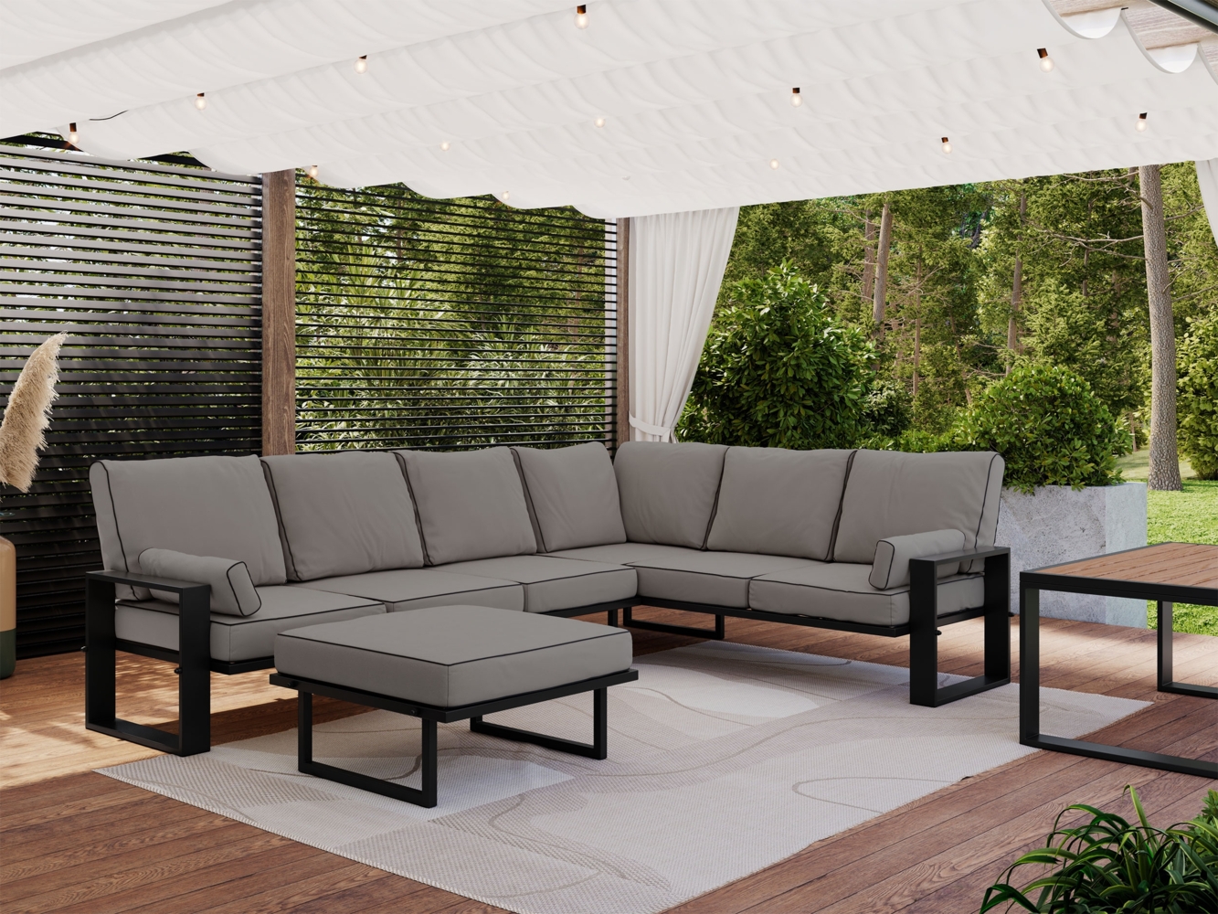 Outdoor Gartenmöbel, Set für 7 Personen, Gartenlounge Set mit Tisch, Hocker und Ecksofa - ELBA 4 - grau Bild 1