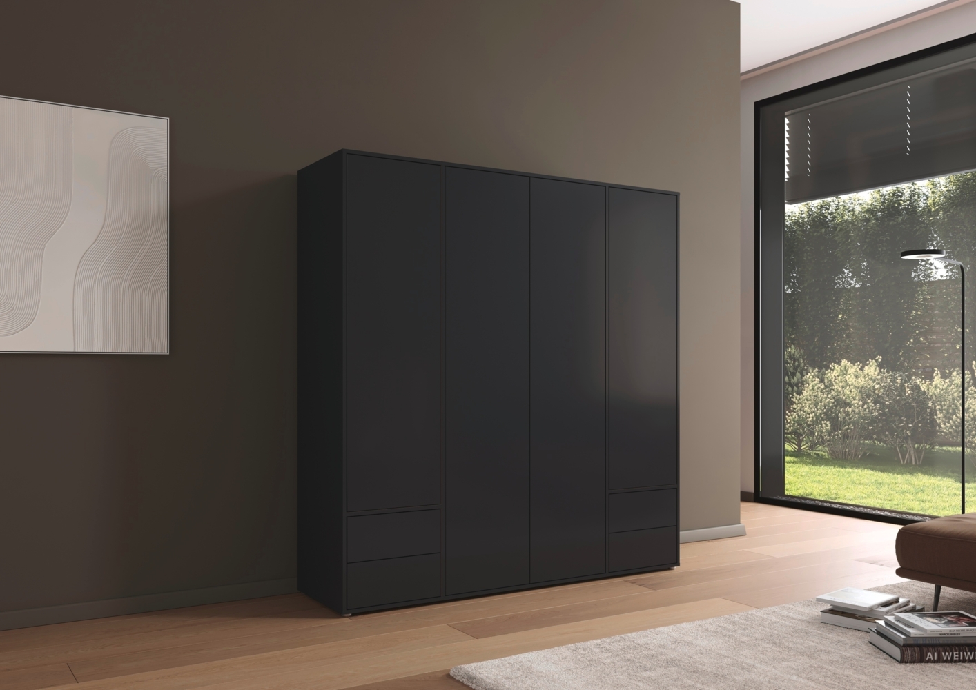 rauch Kleiderschrank Nabila, Drehtürenschrank, Garderobenschrank, 4-türig, 4 Schubkästen, mit 1 Kleiderstange und 5 Einlegeböden, Farbe Grau metallic, Schwarz, mit Push-to-Open Funktion, 187x194x53cm Bild 1