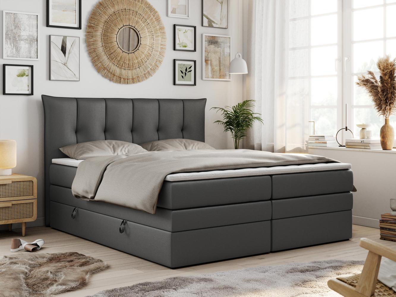 Boxspringbett 7-Zonen Taschenfederkernmatratze und Topper - PREMIUM-10-KING - 160x200cm - Dunkelgrau Kunstleder - H3 Bild 1