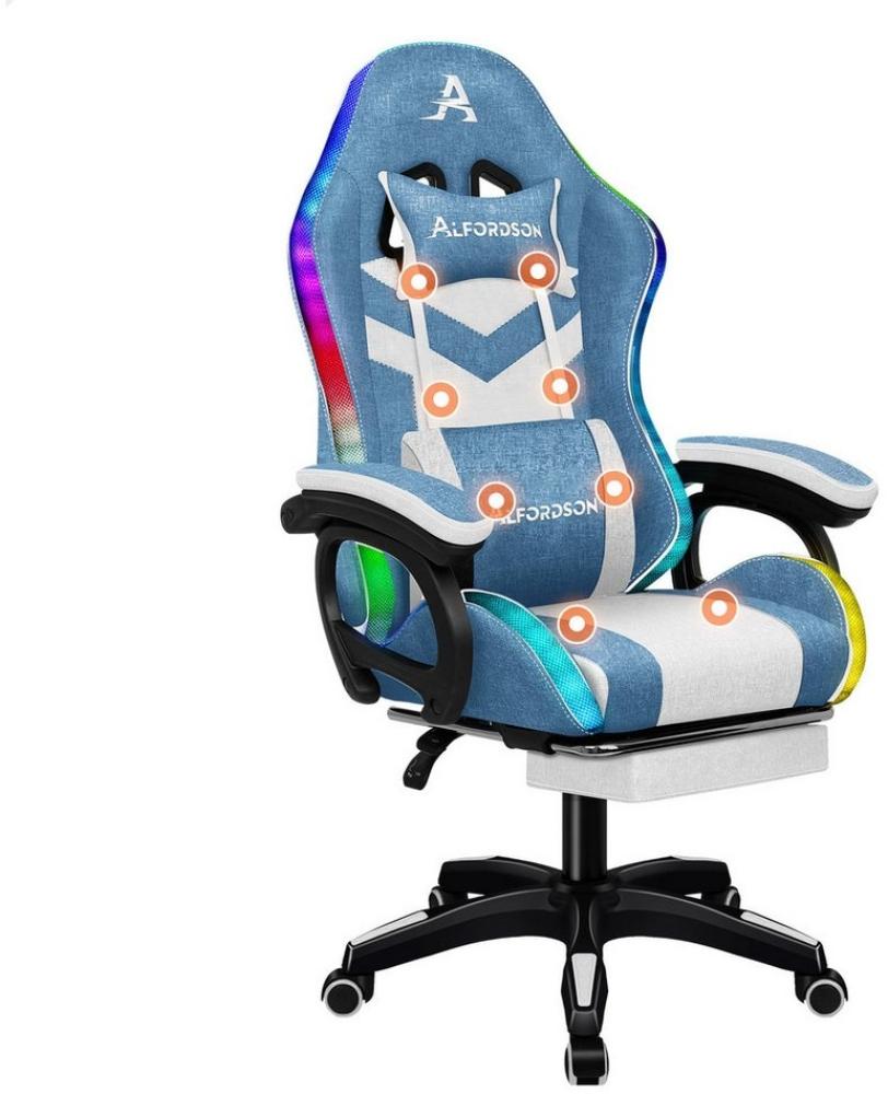 ALFORDSON Gaming-Stuhl mit 8-Punkt-Massagefunktion, mit RGB-Beleuchtung, mit Lendenwirbelstütze und Kopfstütze, Stof, Blau Bild 1