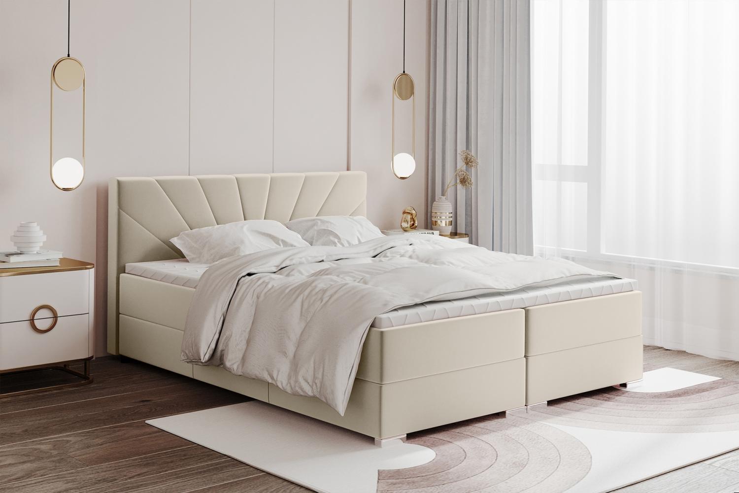 MEBLINI Boxspringbett JOHN 160x200 cm mit Bettkasten – H3B/Beige Samt Polsterbett - Doppelbett mit Topper & Bonellfederkern-Matratze Bild 1