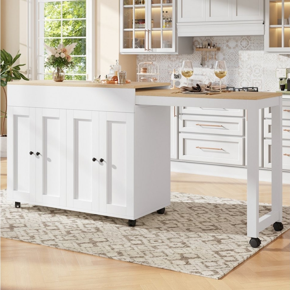 Flieks Küchenwagen mit ausziehbarer Bartisch und Arbeitstisch, (2 St), Servierwagen Küchenschrank mit Esstisch und Rollen Weiß Bild 1