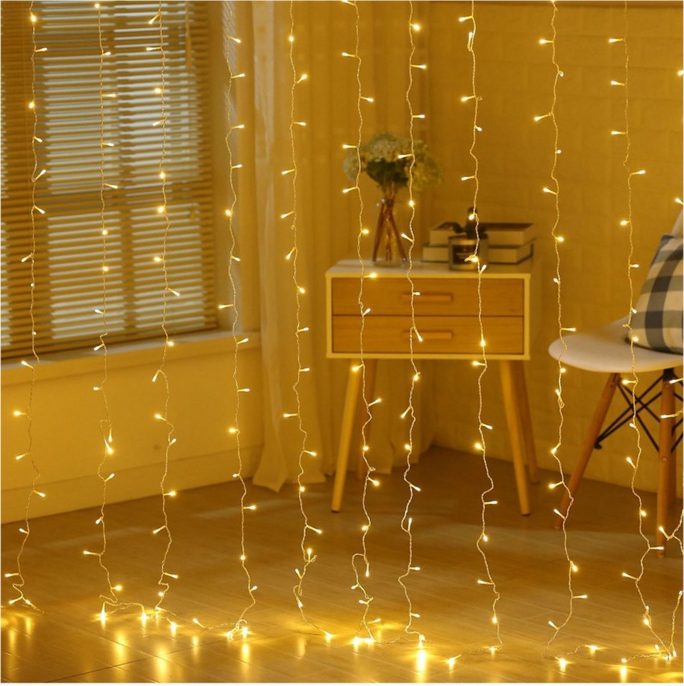 Qualra LED-Lichtervorhang 300LEDs Lichtervorhang 3x3M Timer 8 Modi Warmweiß Lichterkette Gardine, 300LEDs Lichtervorhang 3x3M Timer 8 Modi Warmweiß Lichterkette Gardine Bild 1
