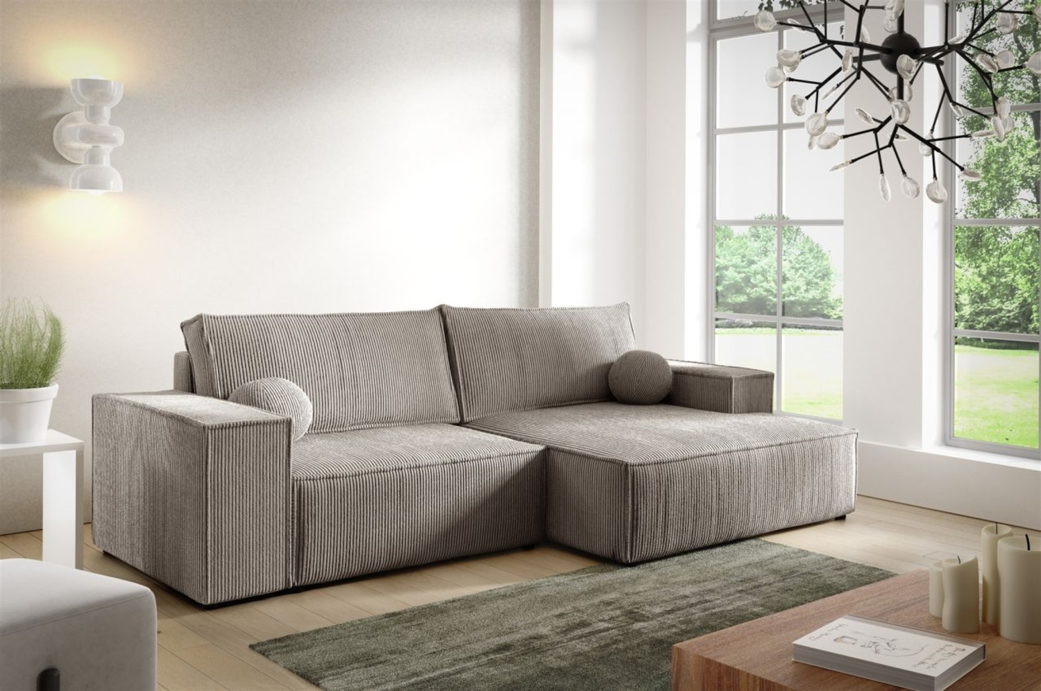 Ecksofa Schlafsofa CORUNIA XS Stoff Poso Hellbraun Ottomane Rechts Bild 1