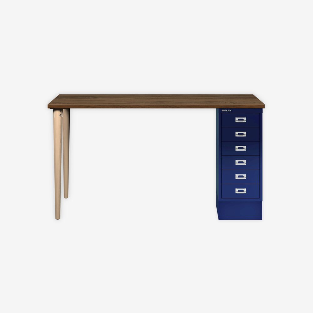 MultiDesk, 2 Eichenfüße, 1 MultiDrawer mit 6 Schüben, Dekor Nussbaum, Farbe Oxfordblau, Maße: H 740 x B 1400 x T 600 mm Bild 1