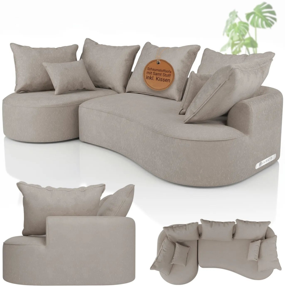 Juskys Sofa Tirano - Samt Beige , Ecksofa mit L-Form, mit Rücken- & Dekokissen, 4-Sitzer Eckcouch, Schaumstoff - Ottomane links Bild 1