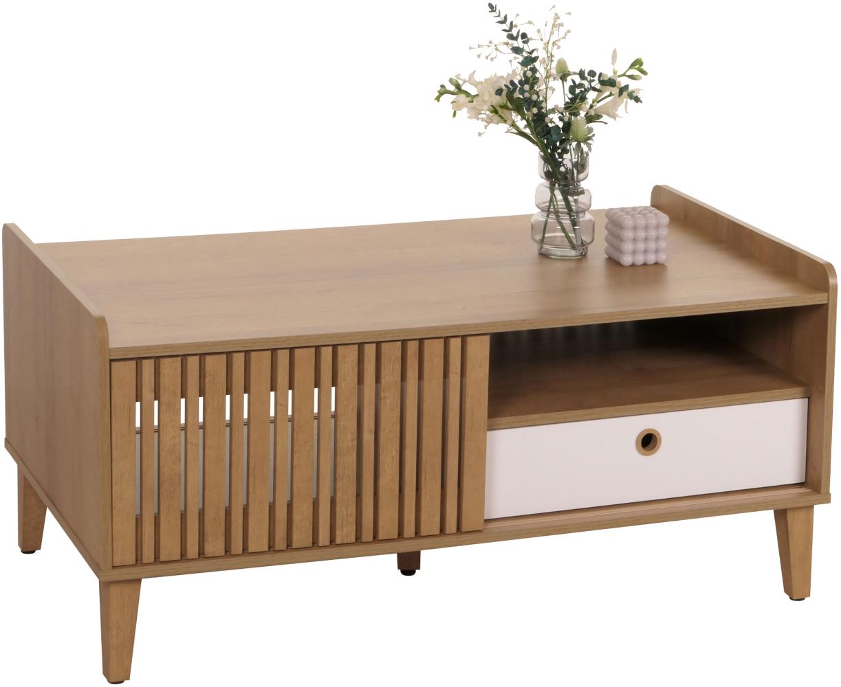 Couchtisch HWC-M48, Wohnzimmertisch Tisch Sofatisch, Mango-Massivholz 52x114x59cm ~ natur, Schublade weiß Bild 1