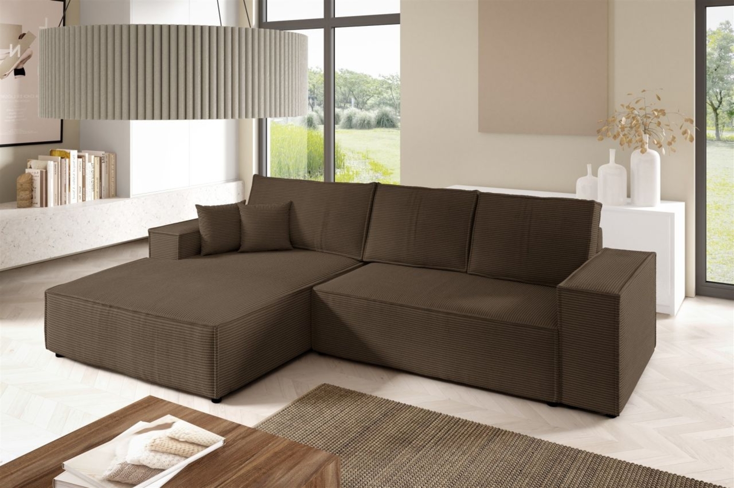 Ecksofa Schlafsofa CORUNIA Stoff Poso Braun Ottomane Links Bild 1