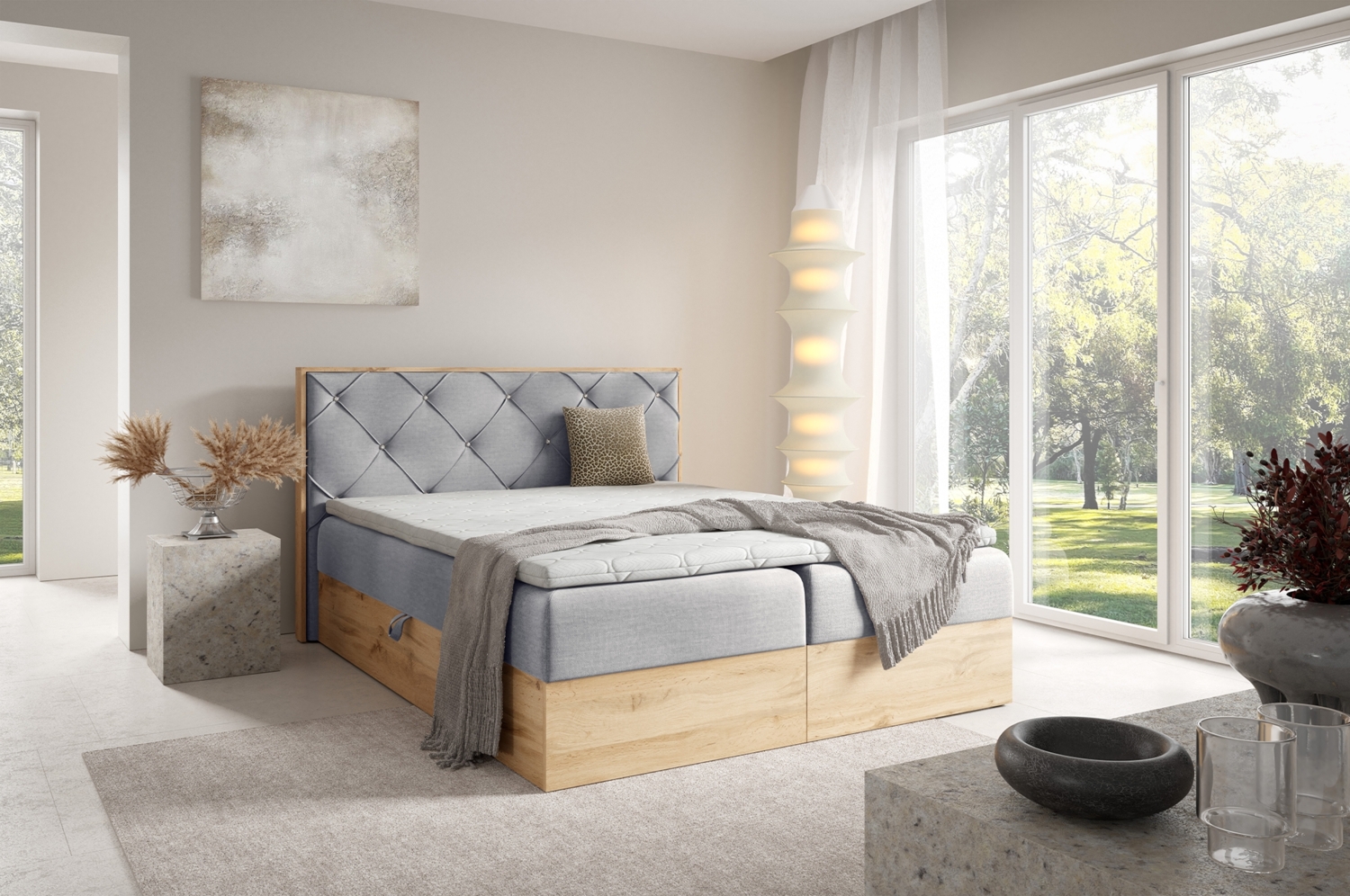 MEBLINI Boxspringbett LOFTY 12 180x200 cm mit Bettkasten – H4/Hellgrau Samt Polsterbett - Doppelbett mit Topper & Taschenfederkern-Matratze Bild 1