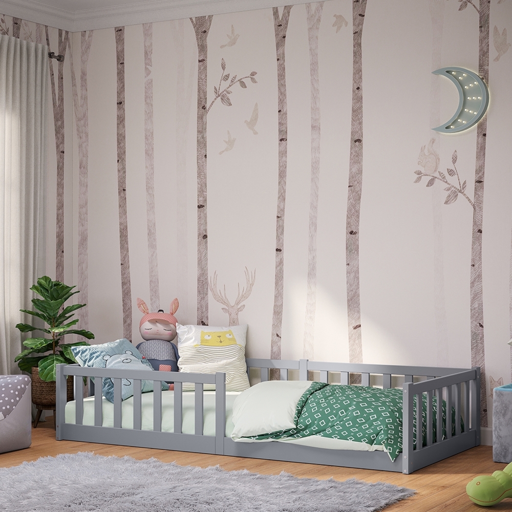 Bellabino 'Vere' Bodenbett 90x200 cm, grau, Massivholz Kiefer, Montessori Kinderbett mit Rausfallschutz und Lattenrost Bild 1