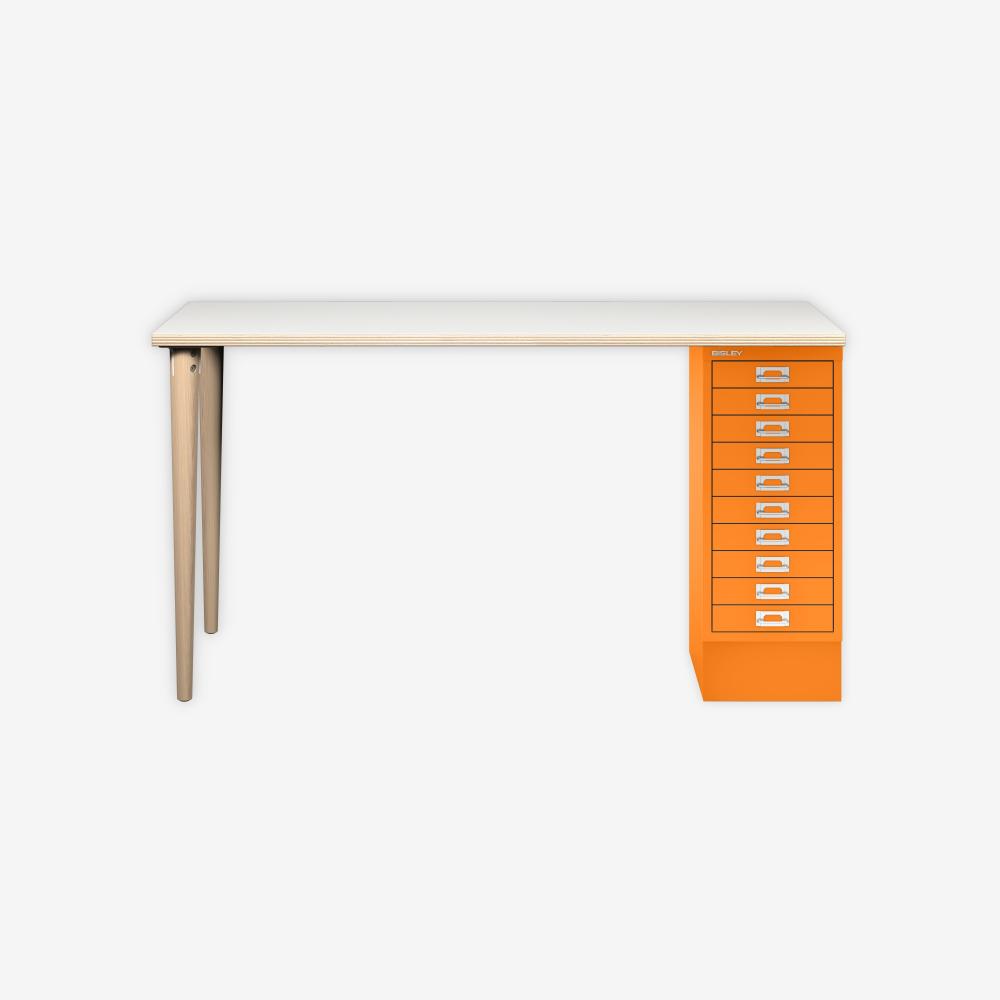 MultiDesk, 2 Eichenfüße, 1 MultiDrawer mit 10 Schüben, Dekor Plywood, Farbe Orange, Maße: H 740 x B 1400 x T 600 mm Bild 1