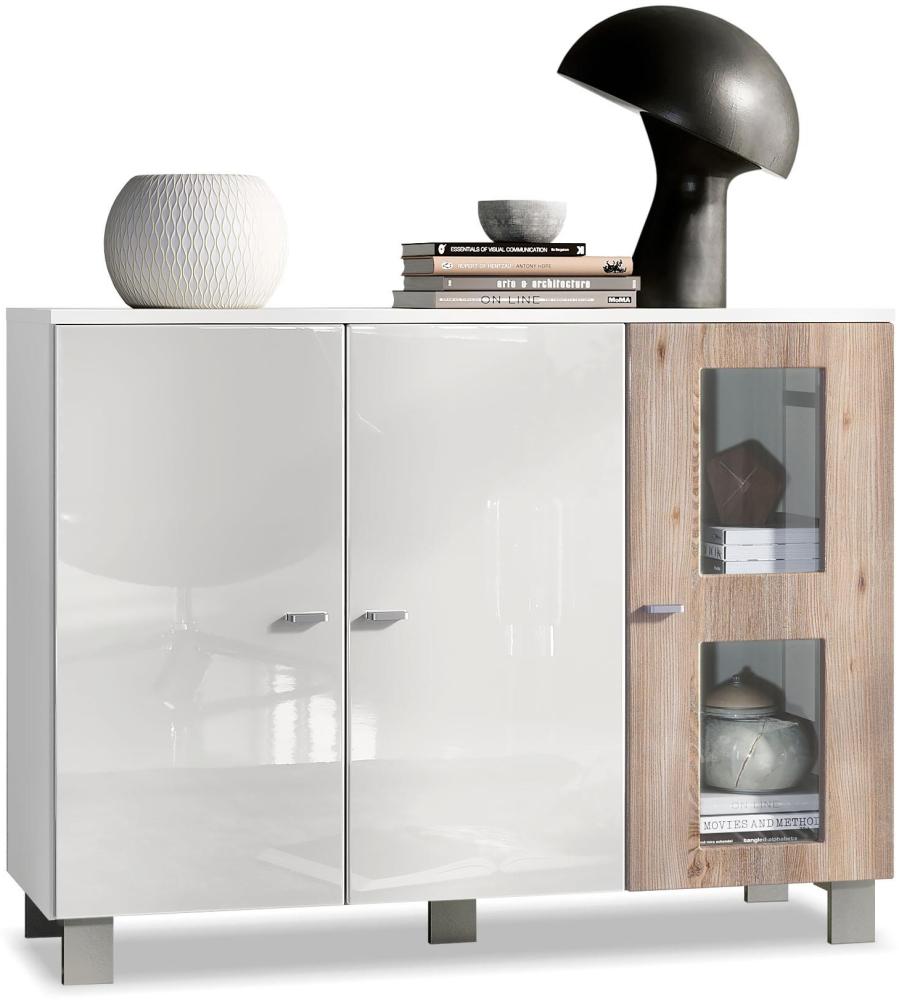 Vladon Sideboard Denjo, Kommode mit 3 Türen, Weiß matt/Weiß Hochglanz/Eiche Nordic (107 x 81 x 35 cm) Bild 1