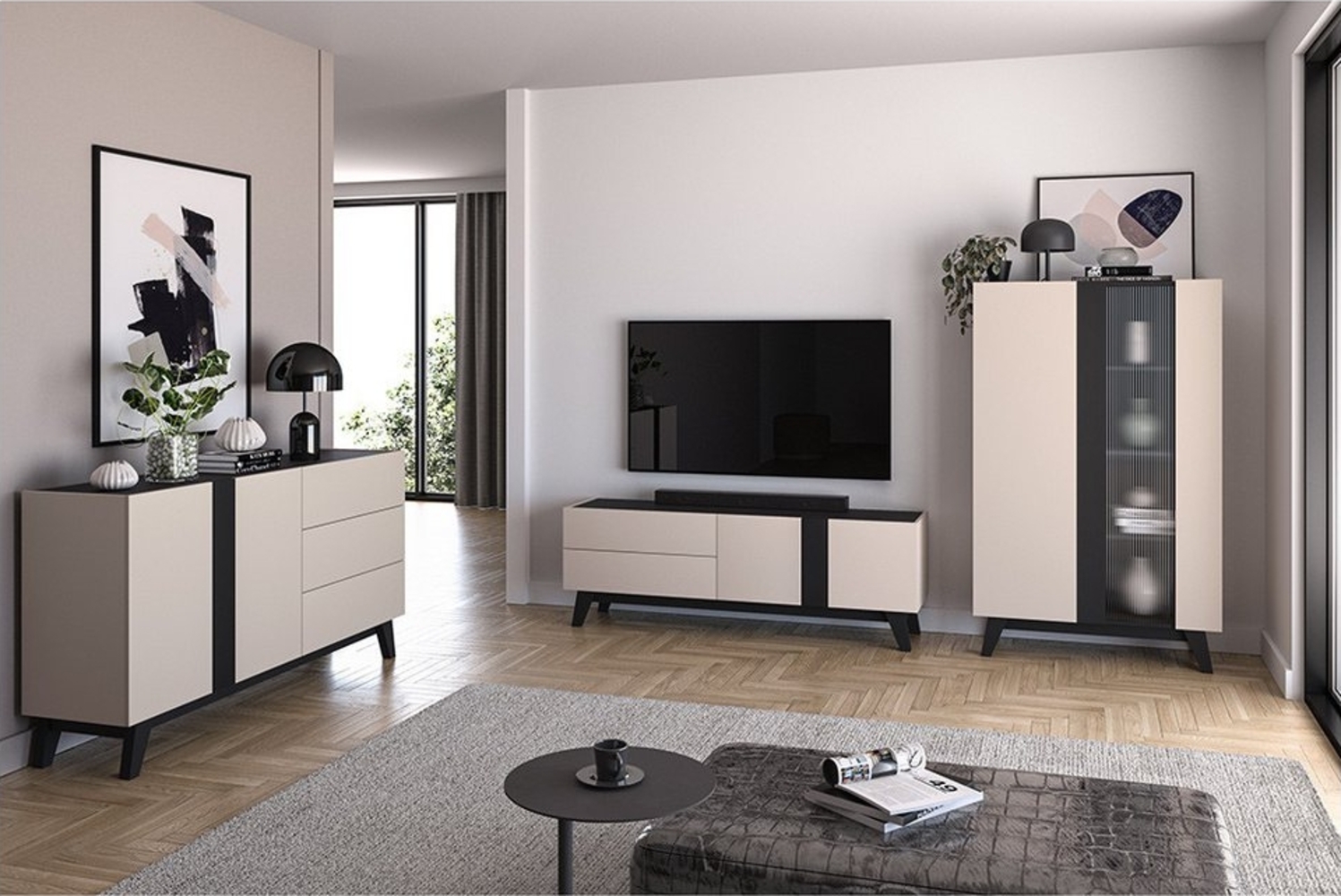 Lomadox Wohnzimmer-Set FRIONA-131, (Mega-Spar-Set, 3-St, Highboard Lowboard Sideboard), kaschmir schwarz modern Möbelfüße Softclose Glastür Bild 1