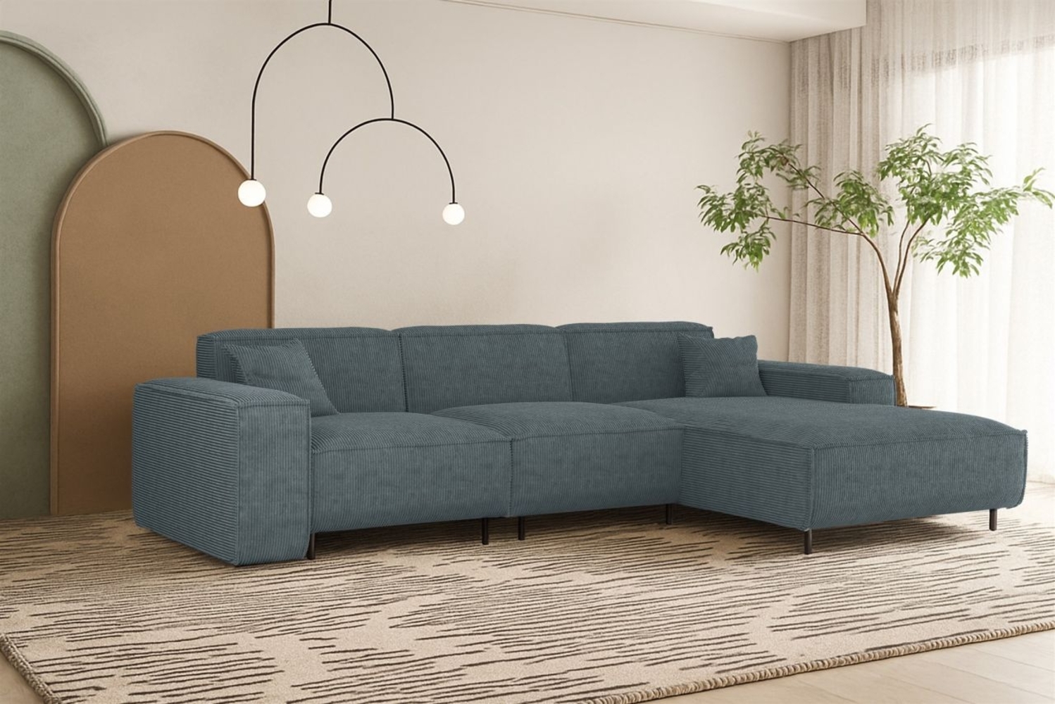 Ecksofa Designersofa GLORIA in Stoff Scala Blau Ottomane Rechts Bild 1