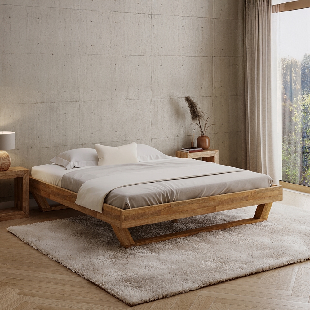 skølm 'Nornir' Bett 180x200 cm, Bettgestell, natur geölt, Massivholzbett aus Eiche mit Holzkufen, Doppelbett ohne Bettkopf Bild 1