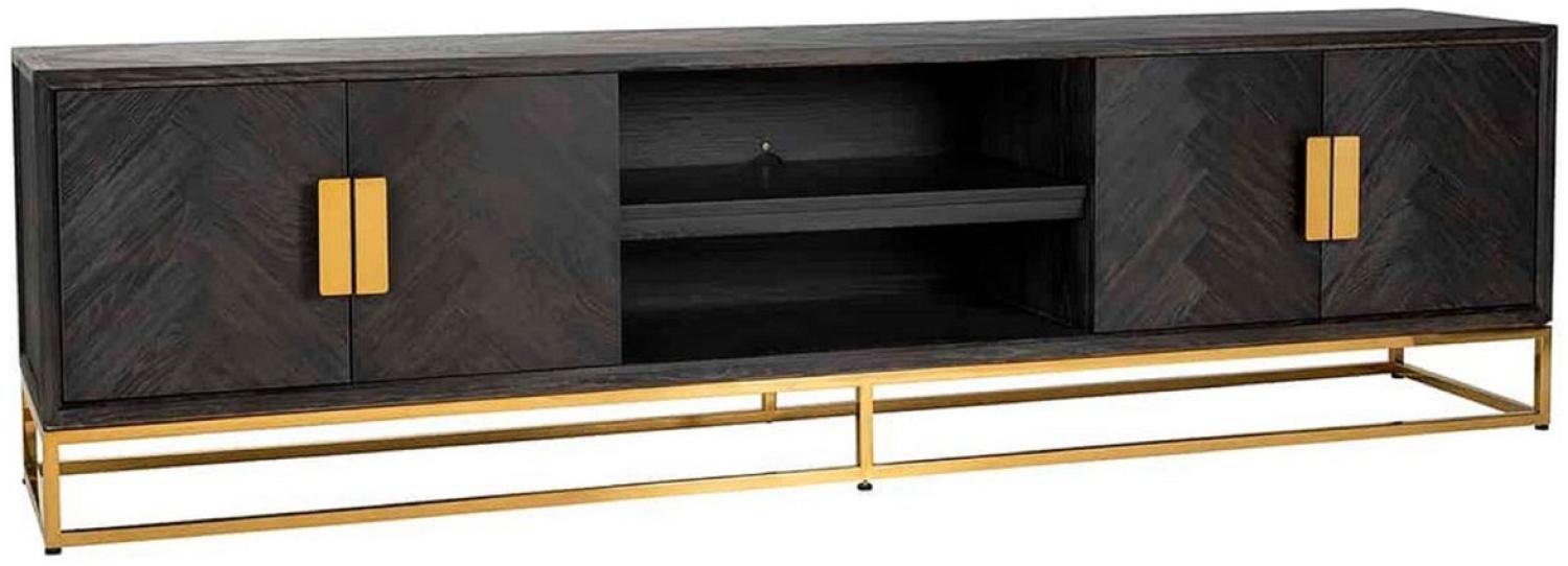 Casa Padrino Luxus TV Schrank Schwarz / Gold 220 x 42,5 x H. 60 cm - Massivholz Sideboard mit 4 Türen - Wohnzimmer Möbel - Hotel Möbel - Luxus Kollektion Bild 1