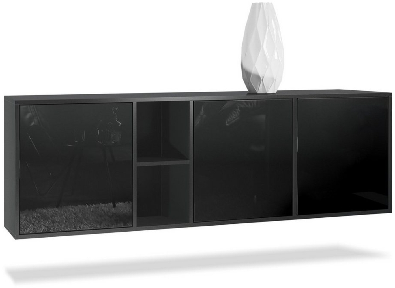 Vladon Kommode Cuba - Schwarz matt/Schwarz Hochglanz - Modernes Sideboard für Ihr Wohnbereich - (BxHxT) 182 x 53 x 35 cm Bild 1